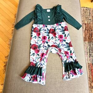 Child's Green, Red, White Rose & Holly One Piece Pants Suit, Size 12-18 Months